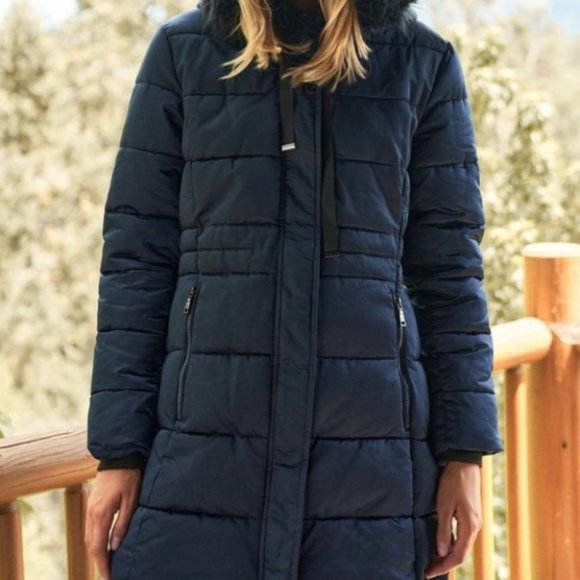 Navy Long Vegan Fur Hood Winter puffer Jacket - Picture 2 of 6
